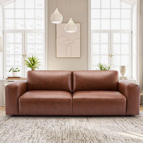 COLAMY 95" Oversized PU Leather Sofa, Comfy Sofa Couch with Extra Deep Seats, Wide Arm, Down Filled 3-Seater Modern Sofa for Living Room, Apartment Lounge-Auburn COLAMY