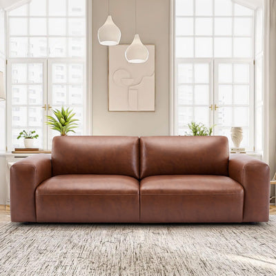 COLAMY 95" Oversized PU Leather Sofa, Comfy Sofa Couch with Extra Deep Seats, Wide Arm, Down Filled 3-Seater Modern Sofa for Living Room, Apartment Lounge-Auburn