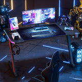 Homall Gaming Computer Desk with Carbon Fiber Surface, Gaming Table Z Shaped Pc Home Office with Cup Holder&Headphone Hook(55 in, Black, Led Light) Homall