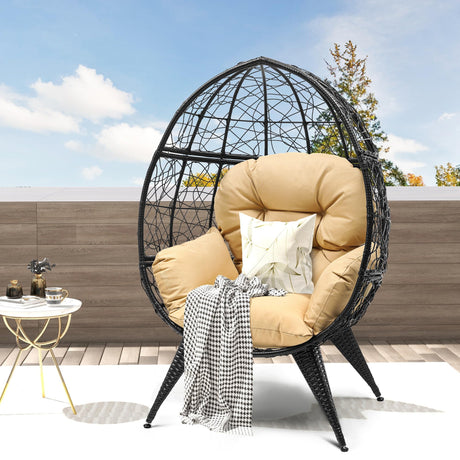 DWVO Egg Chair Patio Rattan Chair with Stand Anti-Slip All-Weather Poratble Adjustable Chair Feet Wicker Egg Lounger Chair for Indoor Outdoor 330LBS (Beige) DWVO