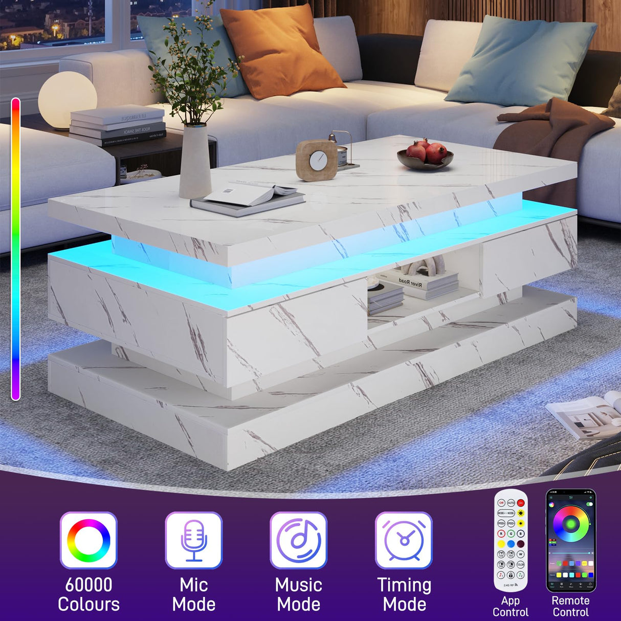 47.2 inch Modern High Glossy LED Coffee Table with 2 Sliding Drawers, Double-Layer Center Tables with LED Lights for Livings Room Furniture, White chartustriable