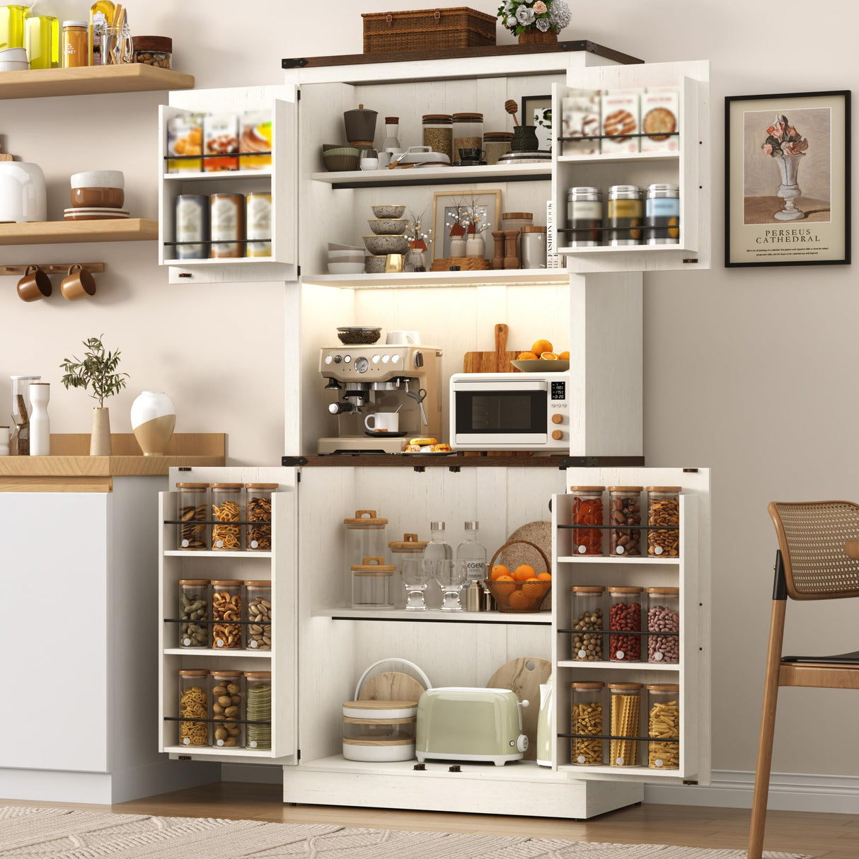 72" Tall Farmhouse Kitchen Pantry Cabinet with LED Light and Power Outlet,Modern Farmhouse Kitchen Storage Cabinet w Load-Bearing Steel Pipe,Barn Doors, Organizer,Food Pantry Cabinets(White) chartustriable