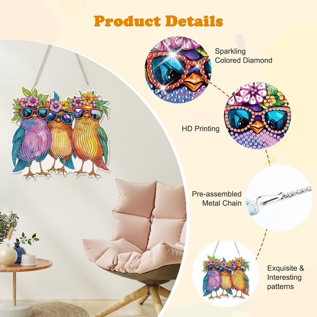 HEIBAGO Birds Hanging Diamond Art Kits for Adults, Fall Special Shaped Crystal Diamond Painting Ornament Kit, DIY Double-Sided Pattern Window Pendant Gem Art Kit for Home Wall Decor 8.3x8.3inch HEIBAGO