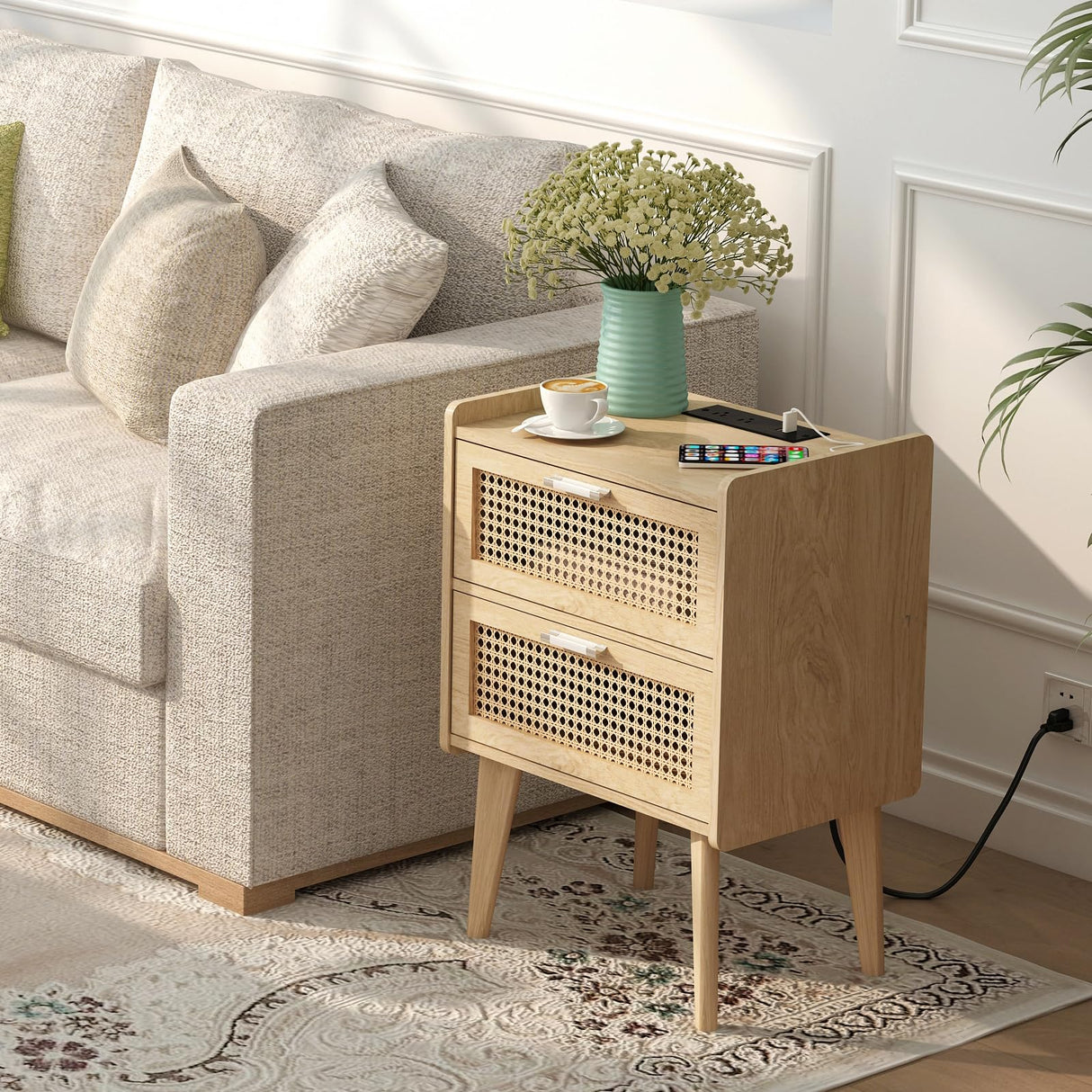 HHETOGOL Rattan Nightstand with Charging Station & 2 Rattan-Like Decor Drawers,Small End Table with Solid Wood Feet for Small Bedroom, Living Room, TTBZ02YE HHETOGOL