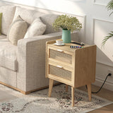 HHETOGOL Rattan Nightstand with Charging Station & 2 Rattan-Like Decor Drawers,Small End Table with Solid Wood Feet for Small Bedroom, Living Room, TTBZ02YE HHETOGOL