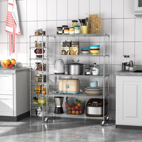 Wire Shelving Unit 5 Tier NSF Metal Shelf,6000lbs Capacity Heavy Duty Adjustable Storage Rack with Wheels & Shelf Liners for Commercial Grade Utility Steel Storage Rack , 82"H x 48"L x 24"D -Chrome pouseayar