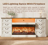 Huuger Fireplace TV Stand with LED Lights for 75 80 Inch TV, 3-Side Glass Fireplace Entertainment Center, 70 Inch Farmhouse TV Stand with 4 Deep Drawers for Living Room, Distressed White Huuger