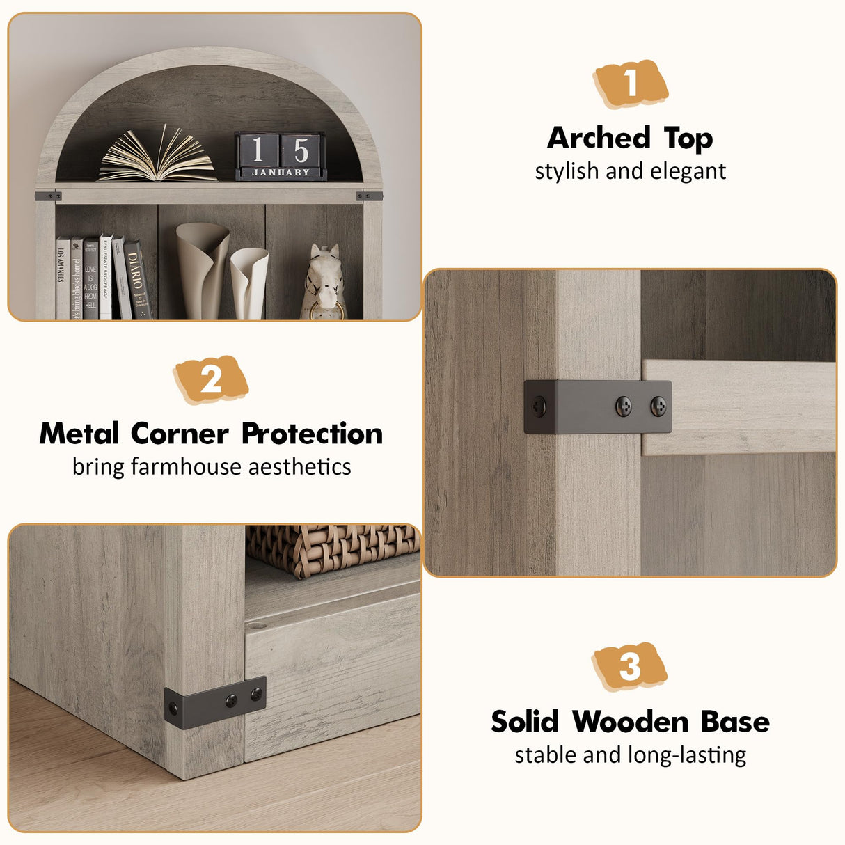 GarveeHome Bookcase 5 Shelf Arched Bookshelf 71.65 in Tall Bookcase Farmhouse Display Storage Rack Wooden Bookshelves for Home Office, Living Room (Rustic Gray) GarveeHome