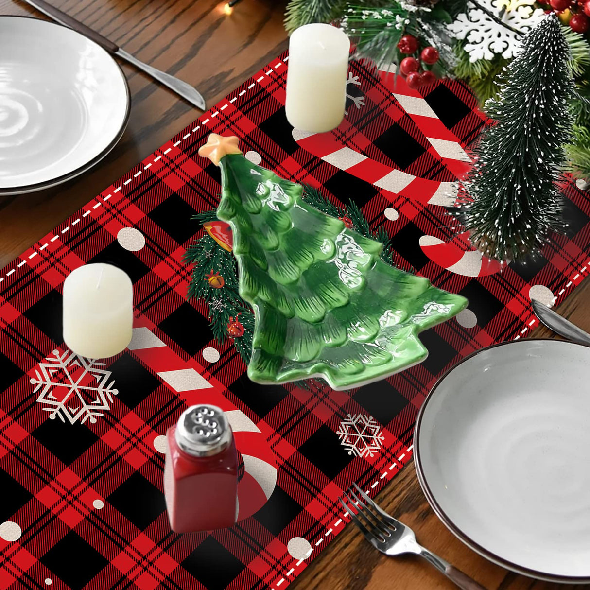 Buffalo Plaid Christmas Table Runner 13" x 72" Long Linen Xmas Reindeer Table Runner Christmas Decoration, Joy Apatsp