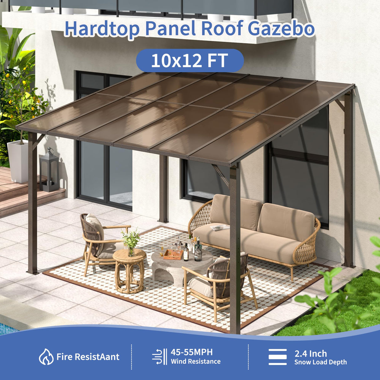 WKM 10X12 FT Gazebo for Patio,Large Wall-Mounted Lean to Gazebo Pergola with Roof on Clearance, Lean to Gazebo Hard Top, Lean to Gazebo Awnings for Patio, Decks, Porch and Backyard WKM