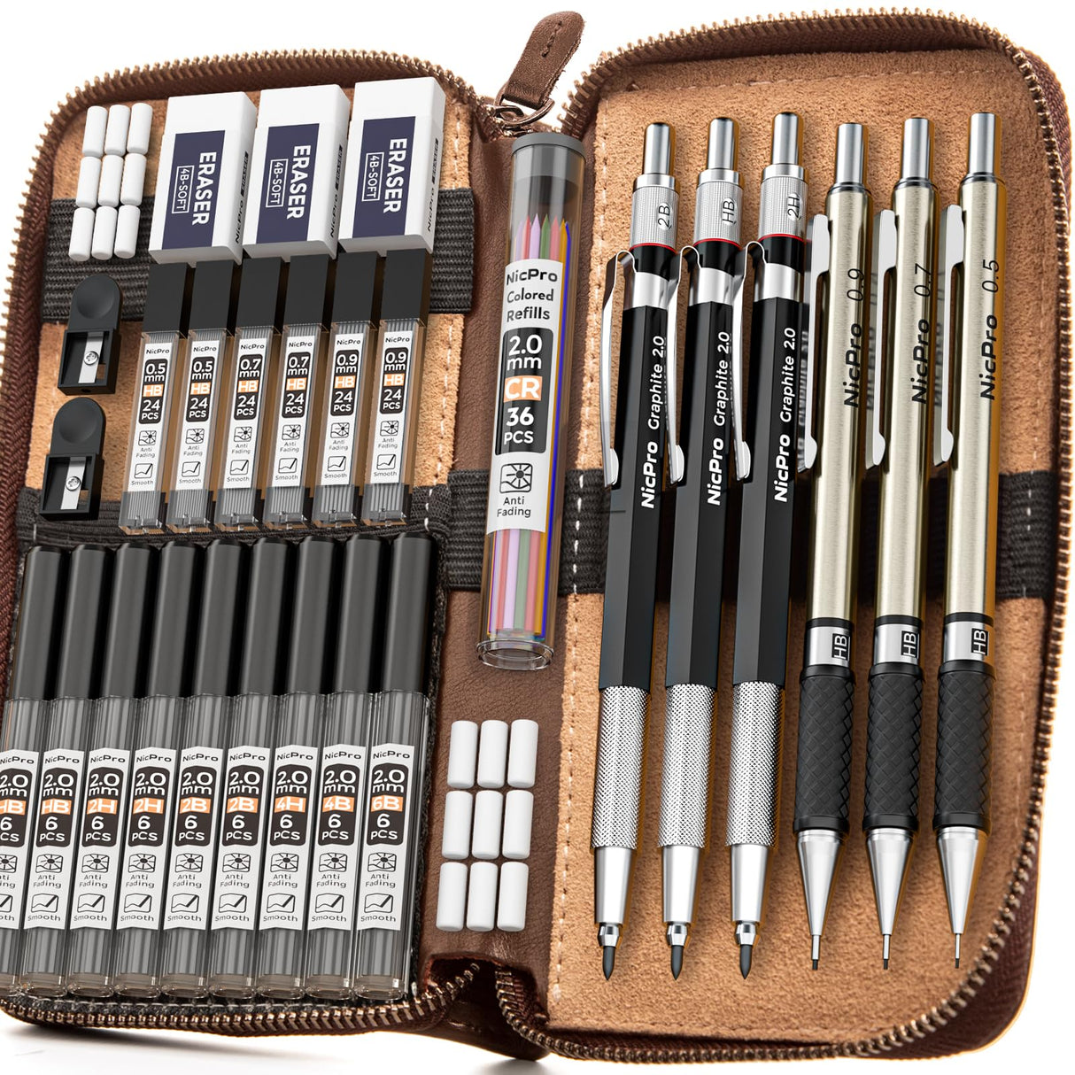 Nicpro 30PCS Art Mechanical Pencil Set in Leather Case, Metal Drafting Pencil 0.5 mm, 0.7 mm, 0.9 mm & 3 PCS 2mm Lead Holders for Sketching Drawing With 16 Tube (6B 4B 2B HB 2H 4H Colors) Lead Refills Nicpro