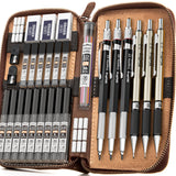 Nicpro 30PCS Art Mechanical Pencil Set in Leather Case, Metal Drafting Pencil 0.5 mm, 0.7 mm, 0.9 mm & 3 PCS 2mm Lead Holders for Sketching Drawing With 16 Tube (6B 4B 2B HB 2H 4H Colors) Lead Refills Nicpro