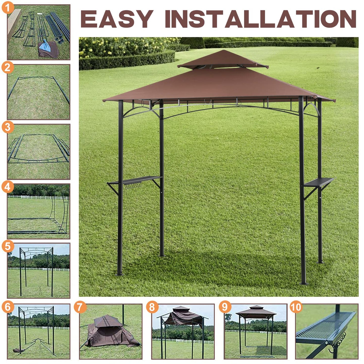 8' X 5' Outdoor Grill Gazebo BBQ Canopy Tent with Two Shelfs and Hook, Steel Frame Party Gazebo Pergola for Garden Deck Backyard Lawn Poolside Porch Balcony Camping, Brown