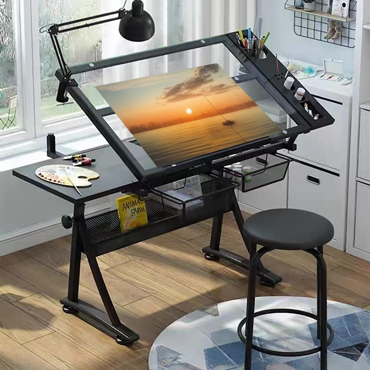 Donfafecuer Adjustable Drafting Table for Adults Professional Art Table 2 Storage Drawers Height Adjustable Home Office Reading Painting Tempered Glass Top Modern Black Design Doeqkue