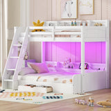 Twin Over Full Bunk Bed with Storage Shelves,LED, Charging Station and a Drawer,for Kids Teens Adults Bedroom Use (White#LED, Twin Over Full) KLMM