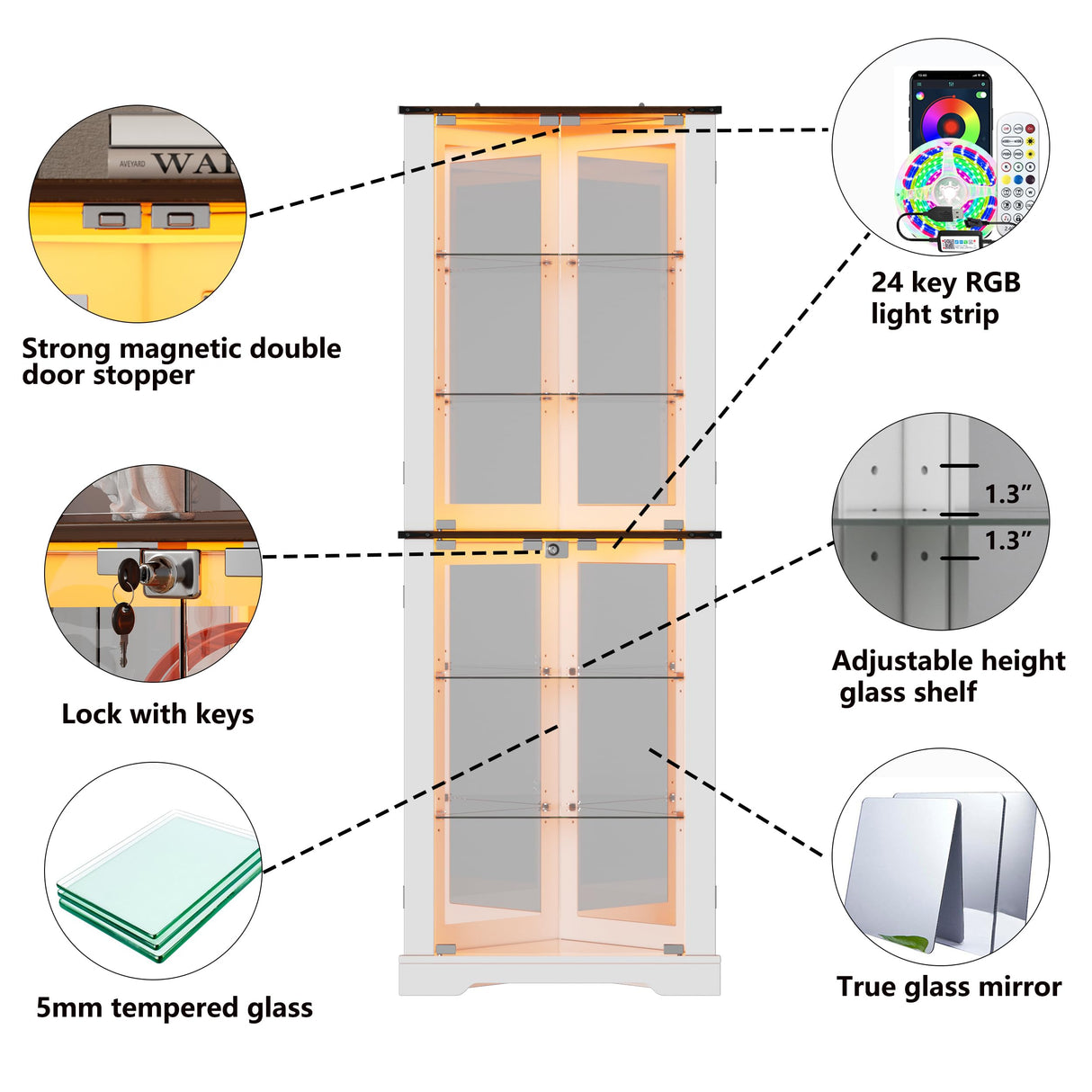 PAKASEPT 71'' Farmhouse Corner Display Curio Cabinet with LED Lights&Tempered Glass Doors,Display Case with Light Strip,Shelves,Floor Standing Liquor Wine Cabinet Storage Rack for Bar,White PAKASEPT