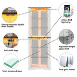 PAKASEPT 71'' Farmhouse Corner Display Curio Cabinet with LED Lights&Tempered Glass Doors,Display Case with Light Strip,Shelves,Floor Standing Liquor Wine Cabinet Storage Rack for Bar,White PAKASEPT