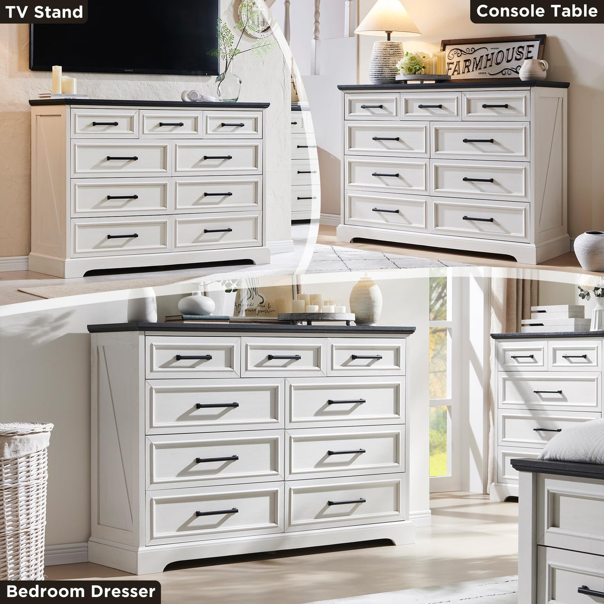 ACCOHOHO Farmhouse 9 Drawer Dresser for Bedroom, 36 Inch Tall Modern Dresser TV Stand with Large Drawers & Bar Handles, Rustic Wood Chest of Drawers for Bedroom, Living Room, Hallway, Off White ACCOHOHO
