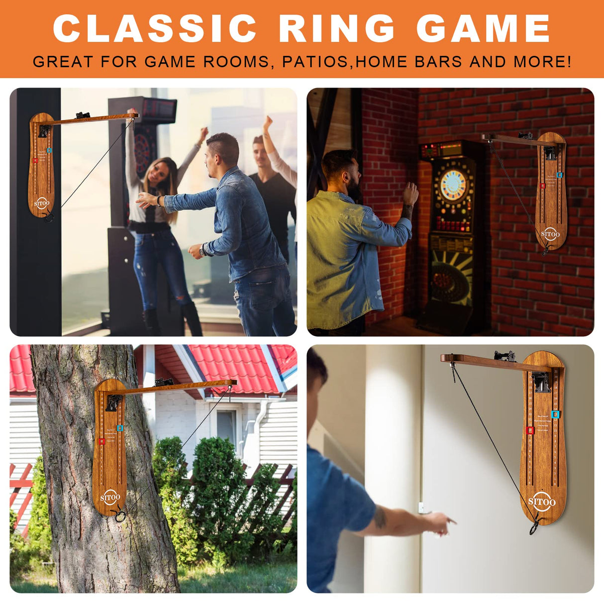 SITOO Ring Toss Game for Adults, Outdoors Games, Wall Mounted Hook and Ring Game with Foldable Arm (Wood) SITOO