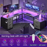 SEDETA L Shaped Desk with 6 Drawer, 108" Home Office Desk with File Drawer & Power Outlet, Corner Computer Desk with Monitor Shelf, Two Person Desk, Gaming Desk with Led Lights, Grey SEDETA