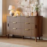 Decofy Fluted 6 Drawers Dresser, 55'' Wide Mid Century Modern Chest of Drawers with Sliding Door & Metal Handles, Curved Profile & Sturdy Legs, Wood TV Stand for Bedroom, Living Room (Walnut) Decofy