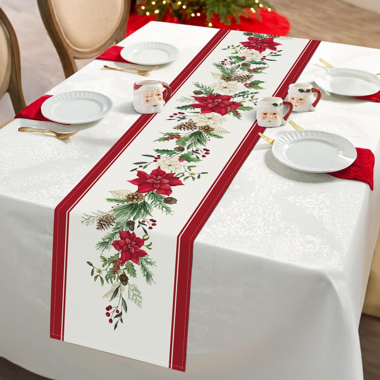 Bonhause Christmas Poinsettia Table Runner 13x72 Inch Red Floral Pine Branch Seasonal Winter Holiday Kitchen Dining Table Decoration for Indoor Outdoor Home Party Decor Bonhause