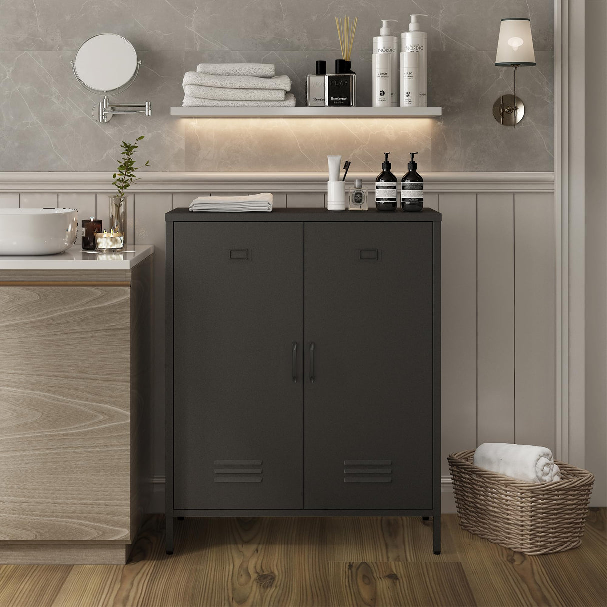 Steehoom Metal Storage Cabinet with 2 Door, Steel Locker Sideboard Buffet Cabinet Console Table for Home Office (Black) Steehoom