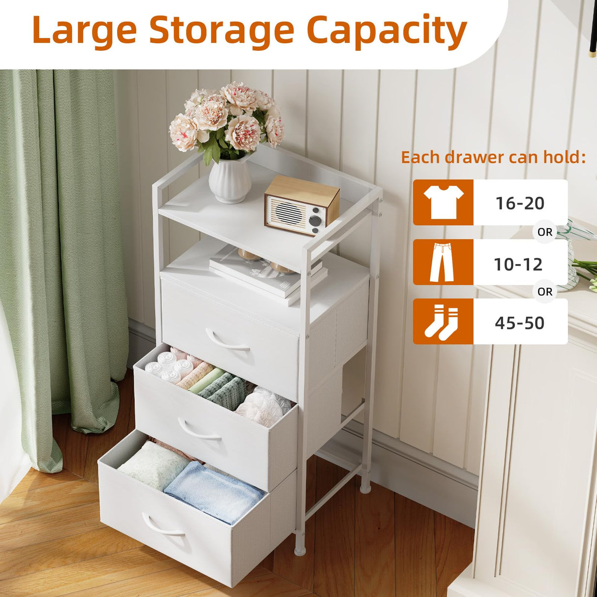 Somdot Nightstand with 3 Drawers, Dresser with Fabric Bins for Bedroom, Hallway, Entryway, Nightstand Bedside Table Furniture, Sturdy Steel Frame, Wooden Top, Easy Pull Fabric Bins, White Leather Somdot