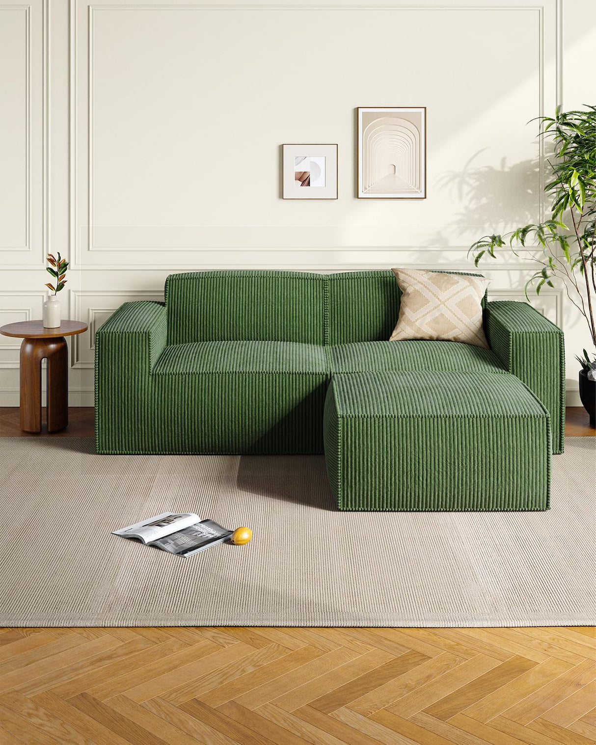 Amada 80" L Shaped Sofa Modular, Corduroy Clopud Couches with Deep Seats &High-Back, Upholstered Couches for Living Room Bedroom with Ottoman, No Assembly Required(2-Seater&1 Ottoman,Green) AMADA HOMEFURNISHING
