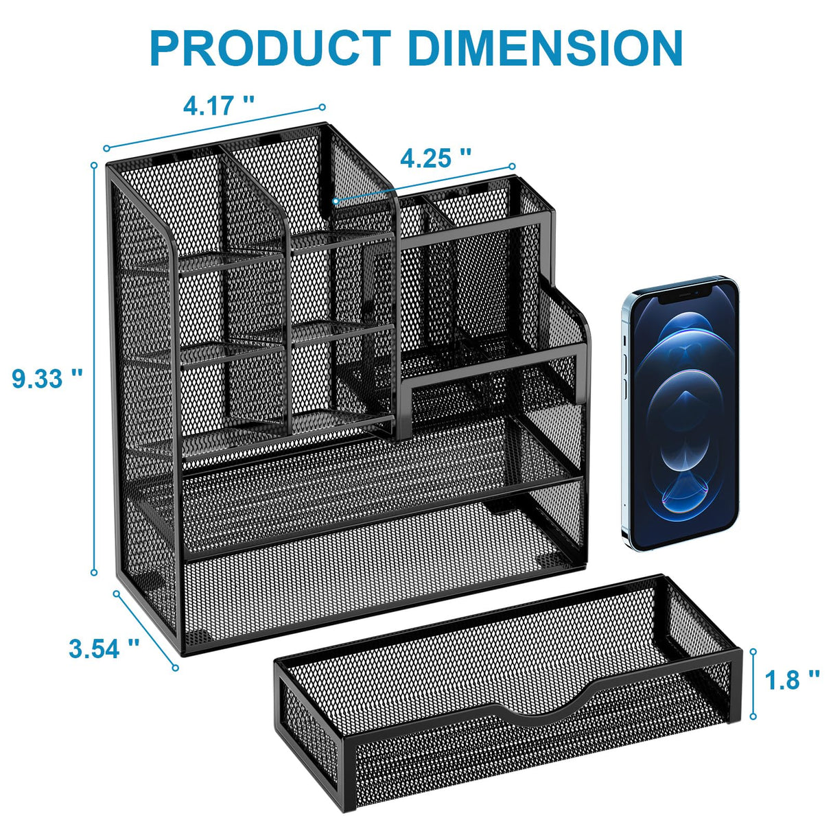 Marbrasse Mesh Pen Holder for Desk, Multi-Functional Pencil Organizer with Drawer, Desk Organizers and Accessories for Office Art Supplies (Black) Marbrasse