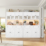 FINETONES 71" Pantry Cabinet with LED Light and Charging Station, Farmhouse Kitchen Pantry Cabinet with Microwave Stand, 47.2" Wide Kitchen Hutch Food Pantry with Open Countertop, White FINETONES