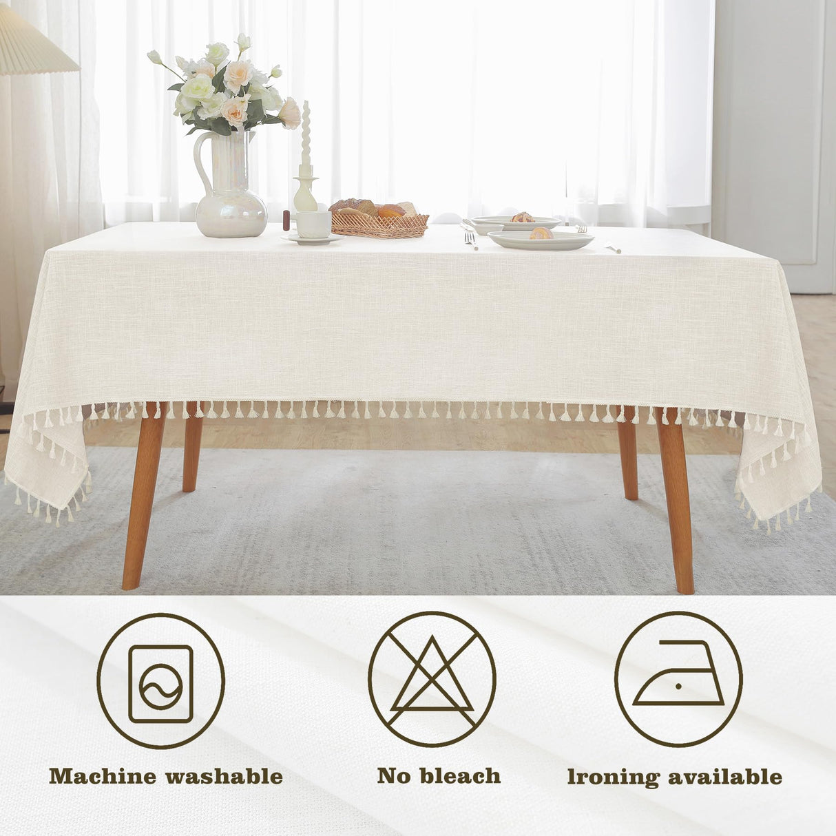 Alsoo Table Cloth Rectangle Table Heavy Duty Cotton Linen Texture Tablecloth Farmhouse Waterproof Wrinkle Free Table Cover with Ivory Tassel for Kitchen Dining Holiday Party, Ivory, 55" x 75" Alsoo