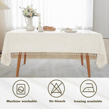 Alsoo Table Cloth Rectangle Table Heavy Duty Cotton Linen Texture Tablecloth Farmhouse Waterproof Wrinkle Free Table Cover with Ivory Tassel for Kitchen Dining Holiday Party, Ivory, 55" x 75" Alsoo