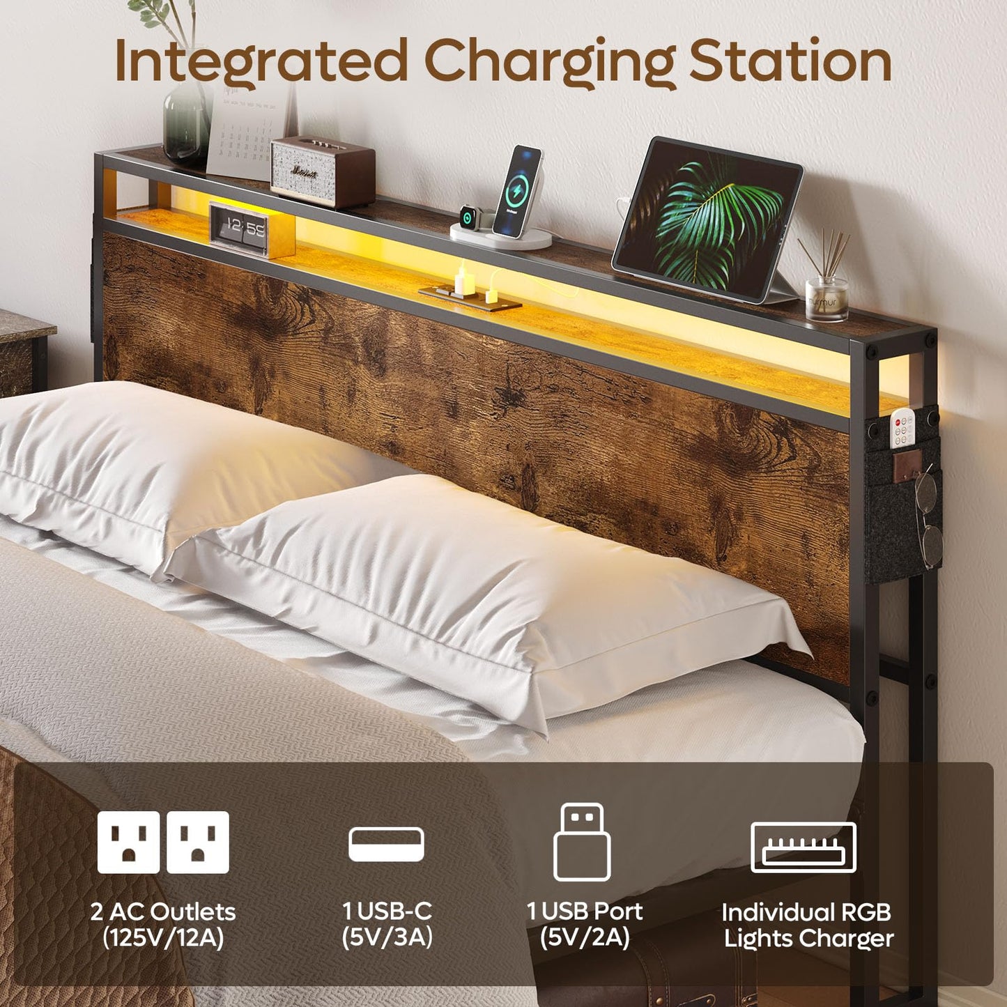 Bestier King Size Bed Frame with Headboard, Dual LED Lights, and Integrated Charging Station - WoodArtSupply