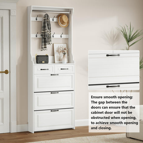 Betoko Hall Tree with Shoes Storage,Farmhouse Entryway Coat Rack Wooden Mudroom Hallway Tree Bench Corner Tree Cabinet with 8 Coat Hooks & 3 Shoes Cabinets & 2 Drawers(White) Betoko