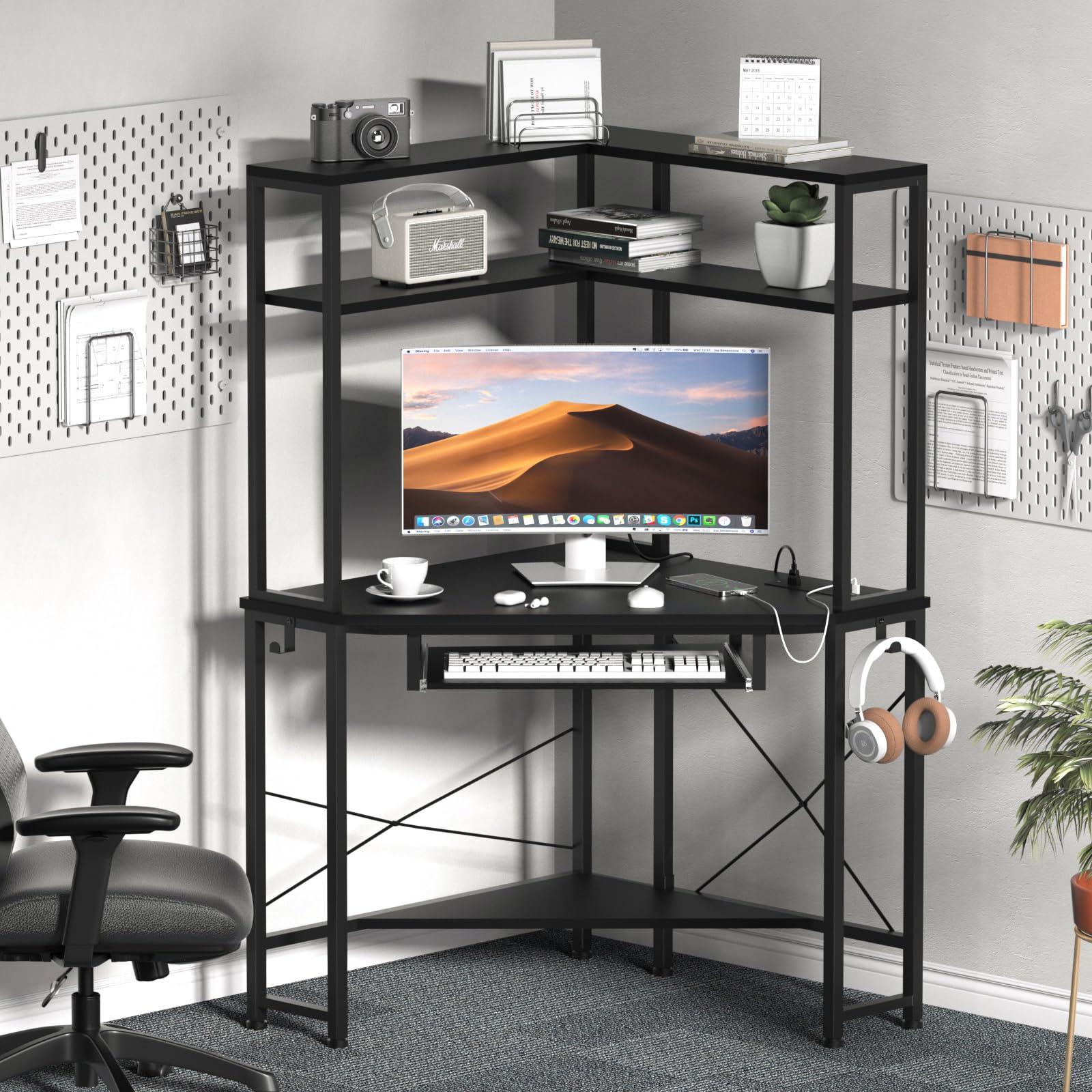 Uniheim Corner Desk with Hutch and LED Lights, Corner Computer Desk with Keyboard Tray and Monitor Stand, Small Computer Desk for Small Spaces, Home Office - WoodArtSupply