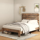Queen Size Wooden Bed Frame with Headboard, Rustic Farmhouse Style Sturdy Bedframe with Wooden Slat Support, Noiseless, Easy to Assemble, No Spring Mattress Required. (Light Brown, Queen) QNICE
