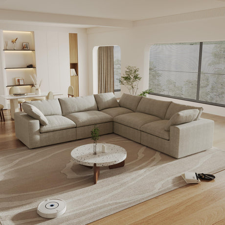 WJShome Cloud Modular Sectional Sofa,160.6" Down Filled 5 Seater Couch,V Shaped Oversized Convertible Sectional Sofa for Living Room,Covers Removable & Washable, Khaki WJShome
