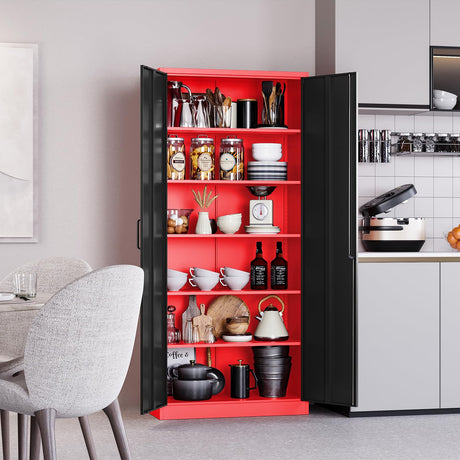 Garage Storage Cabinet with 5 Adjustable Shelves,Metal Storage Cabinet with Lock,Red Black Metal Cabinet with Locking Doors,Steel Cabinet,71" Lockable Storage Cabinet for Home,Office,Garage Cabinets SISESOL