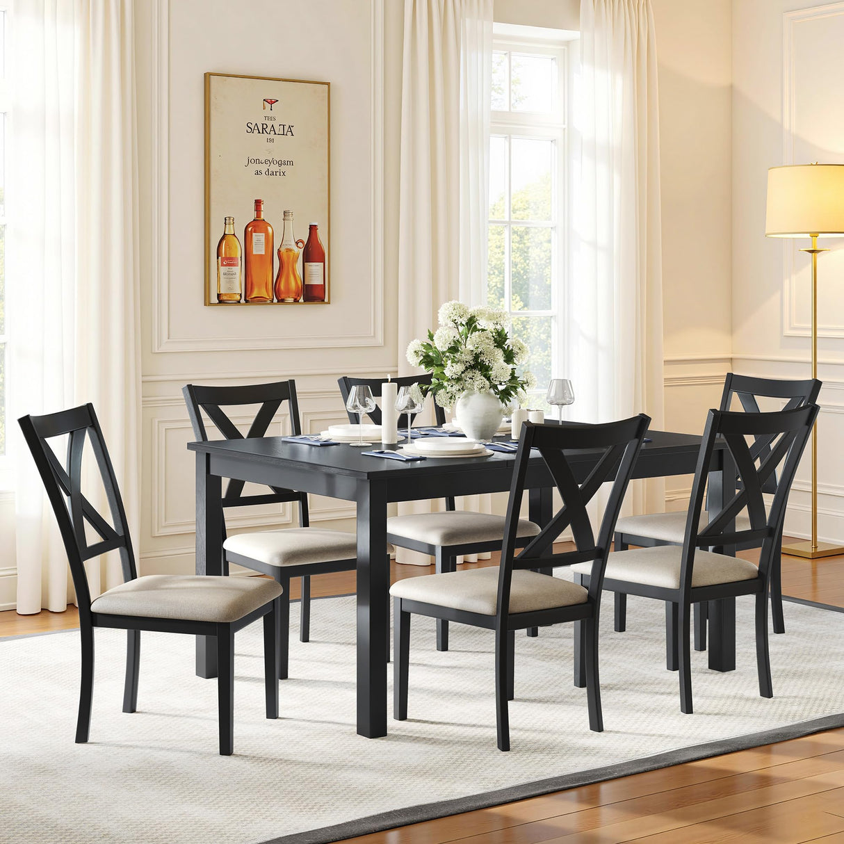 YUMPIE 7-Piece Farmhouse Dining Table Set for 6 People, 60" Wood Dining Kitchen Table & Chairs Set, Kitchen Table with 6 Upholstered Chairs, Perfect for Restaurant, Grey & White YUMPIE