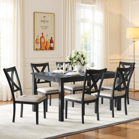 YUMPIE 7-Piece Farmhouse Dining Table Set for 6 People, 60" Wood Dining Kitchen Table & Chairs Set, Kitchen Table with 6 Upholstered Chairs, Perfect for Restaurant, Grey & White YUMPIE