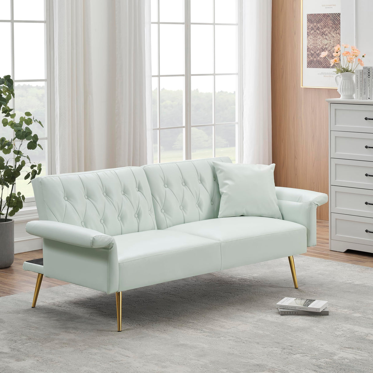 Ball & Cast 61.4"/67.71" Faux Leather Upholstered Sleeper Sofa Bed,Convertible Loveseat Couch w/Pillow&Adjustable Arm&Back,Button Tufted Modern Futon Daybed for Apartment Office,White Ball & Cast