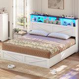VIAGDO Farmhouse Bed Frame King Size with Bookcase Storage Headboard, Charging Station and LED Lights, Wooden King Bed Frame with 4 Drawers, Barn Door Design, No Box Spring Needed, No Noise, White VIAGDO