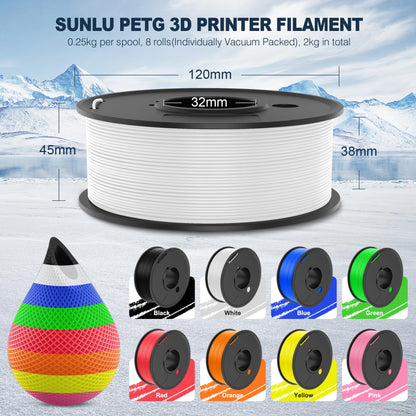 SUNLU 3D Printer Filament Bundle Multicolor PETG Filament 1.75mm, Individually Vacuum Packed, 2kg in Total, 0.25kg per Spool, 8 Pack, 8 Colors, Black+White+Green+Red+Blue+Orange+Yellow+Pink - WoodArtSupply