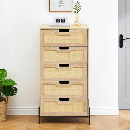 Rattan Tall Dresser for Bedroom, Wooden 5 Drawer Dresser with Ample Cloth Storage Space, Farmhouse Rattan Chest of Drawers, Vertical Metal Leg Dresser for Living Room, Easy Assemble, Oak - WoodArtSupply