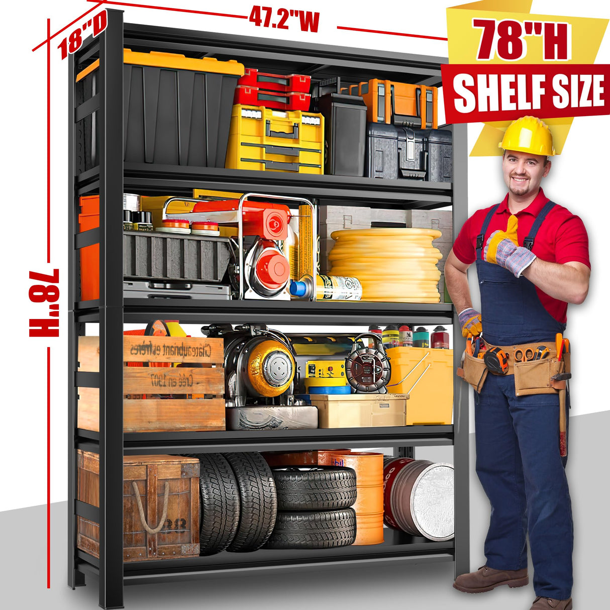 Heavy Duty 78" H Garage Shelving - 5 Tier Metal Shelves, 3000LBS Capacity, Adjustable, Industrial Storage Rack, Black, 48" W x 18" D x 78" H PRESTELION