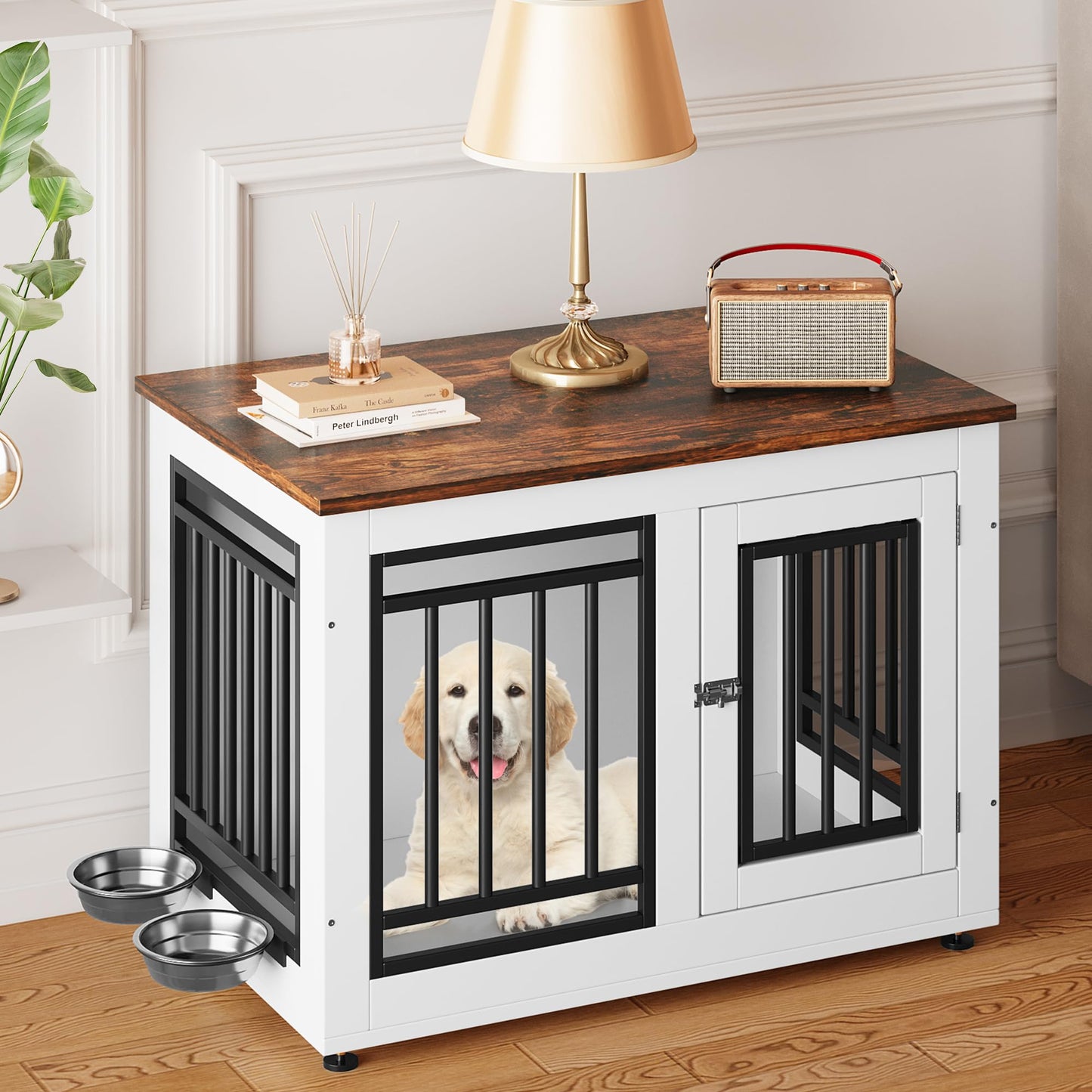 YITAHOME 39" Dog Crate Furniture, Wooden Dog Crate End Table for Large Dogs up to 70 lbs, Indoor Double Door Dog Crate with Adjustable Feet and Removable Bowls(39.7" L x 25" W x 27.9" H)