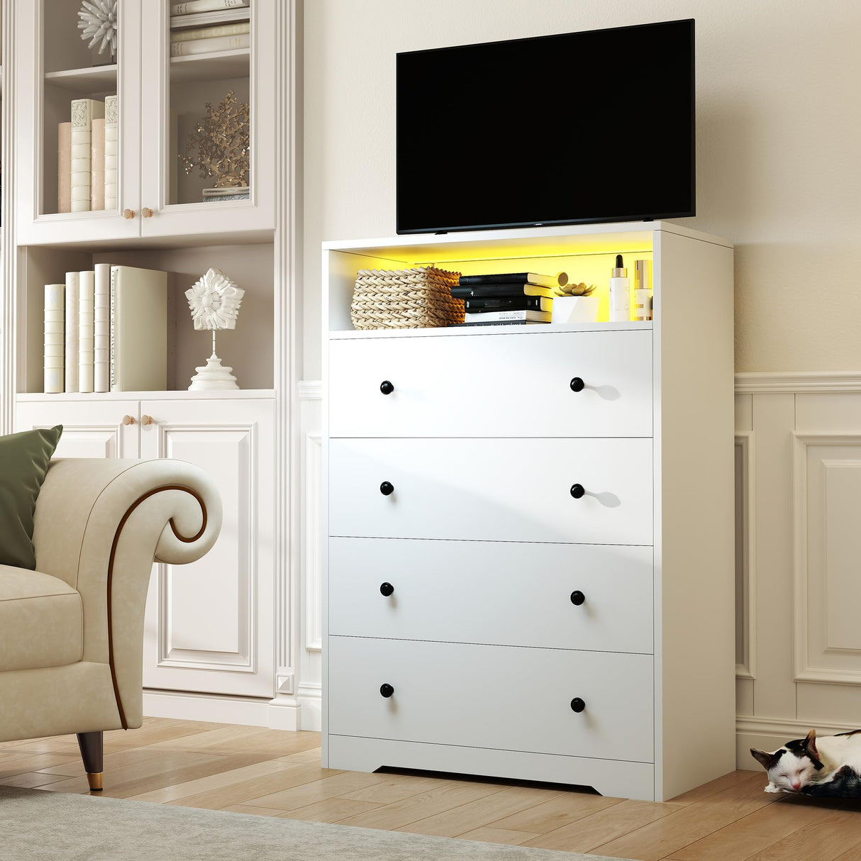 Homkdom White Dresser with LED Light, Tall Dresser with 4 Drawers & 1 Shelves, Chest of Drawers for Bedroom, Hallway, Entryway, 43.4" H x 27.6" W x15.8 D Homkdom