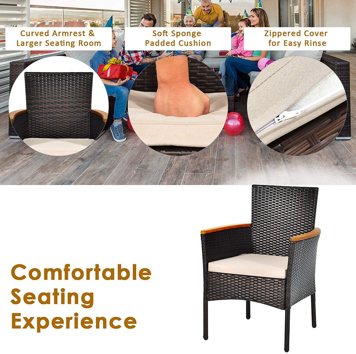 HAPPYGRILL 7 Pieces Patio Dining Set Outdoor Rattan Wicker Dining Set with Umbrella Hole, Removable Cushions, Table & Chairs Set with Acacia Wood Table Top HAPPYGRILL