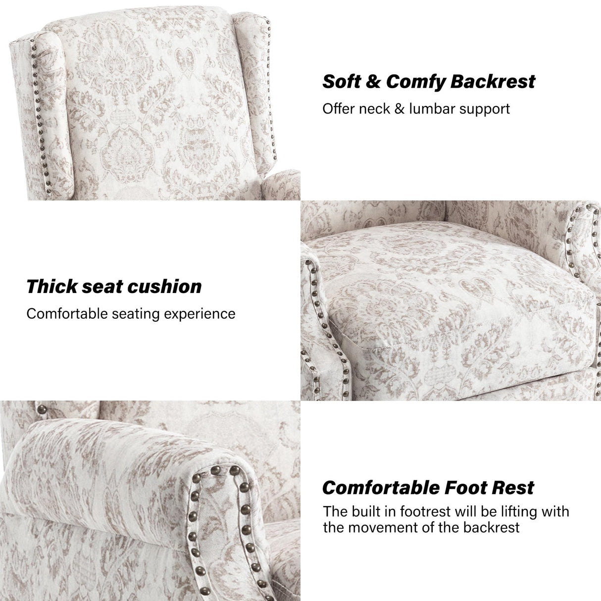 Pushback Recliner Chair, Floral Fabric Wingback Recliner Chair, Upholstered Armchair Push Back Recliner, Rivet Trim Single Sofa Accent Chair with Wood Legs for Living Room, Beige Lumibee